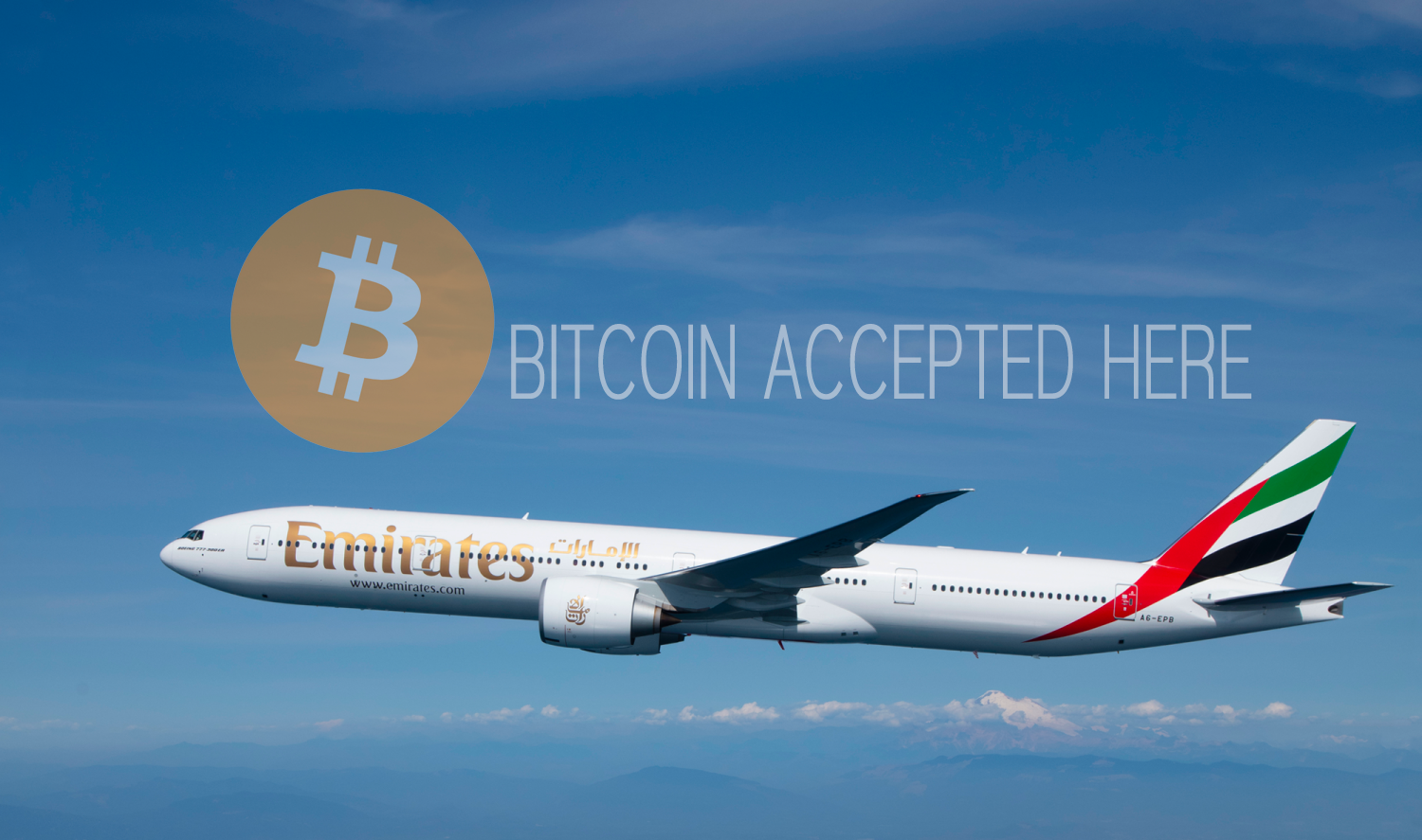 Emirates Boeing 777 in flight with a bitcoin symbol overlaid