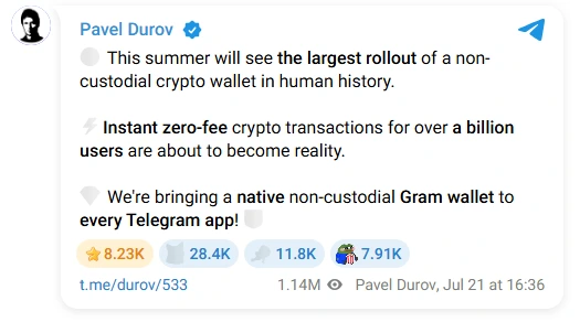 Pavel Durov's Telegram post of July 21, 2026 announcing the native non-custodial Gram wallet for every Telegram app, 1.14M views