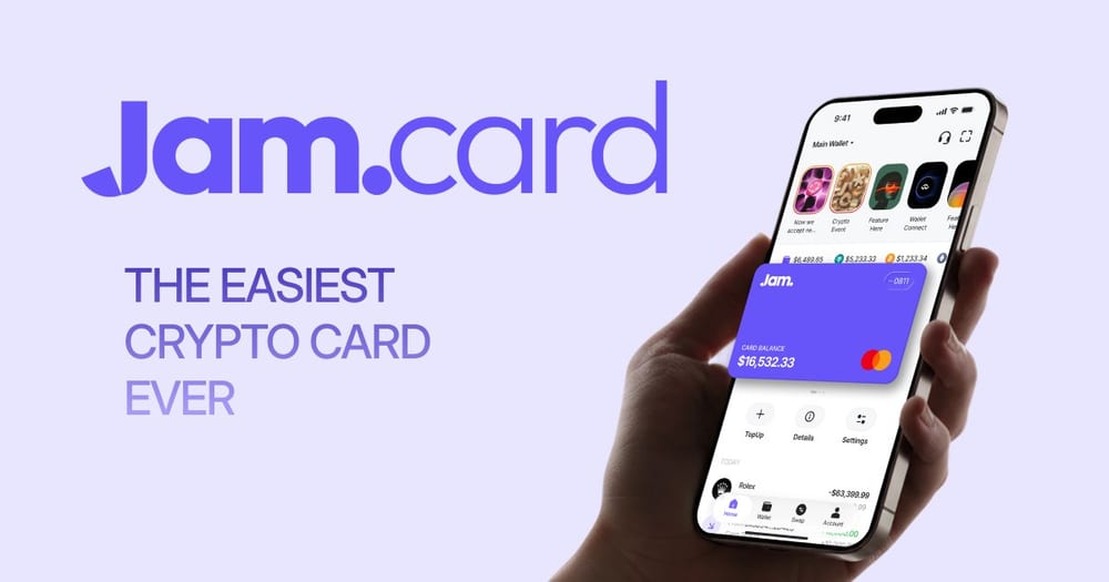 The Jam wallet app showing the purple Jam card, crypto balances and Apple Pay / Google Pay