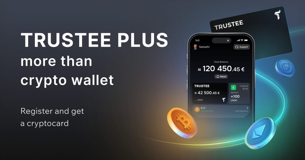 The Trustee Plus app showing the non-custodial crypto wallet and card