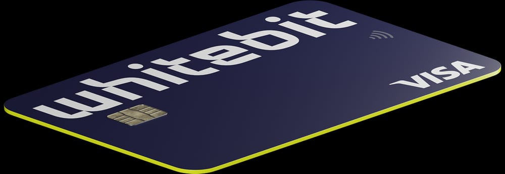 The dark navy WhiteBIT Nova Visa card with the whitebit wordmark and gold chip